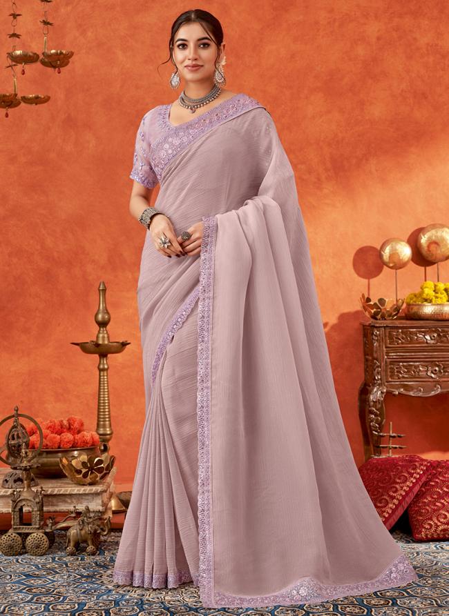 Chiffon Lilac Party Wear Embroidery Work Saree